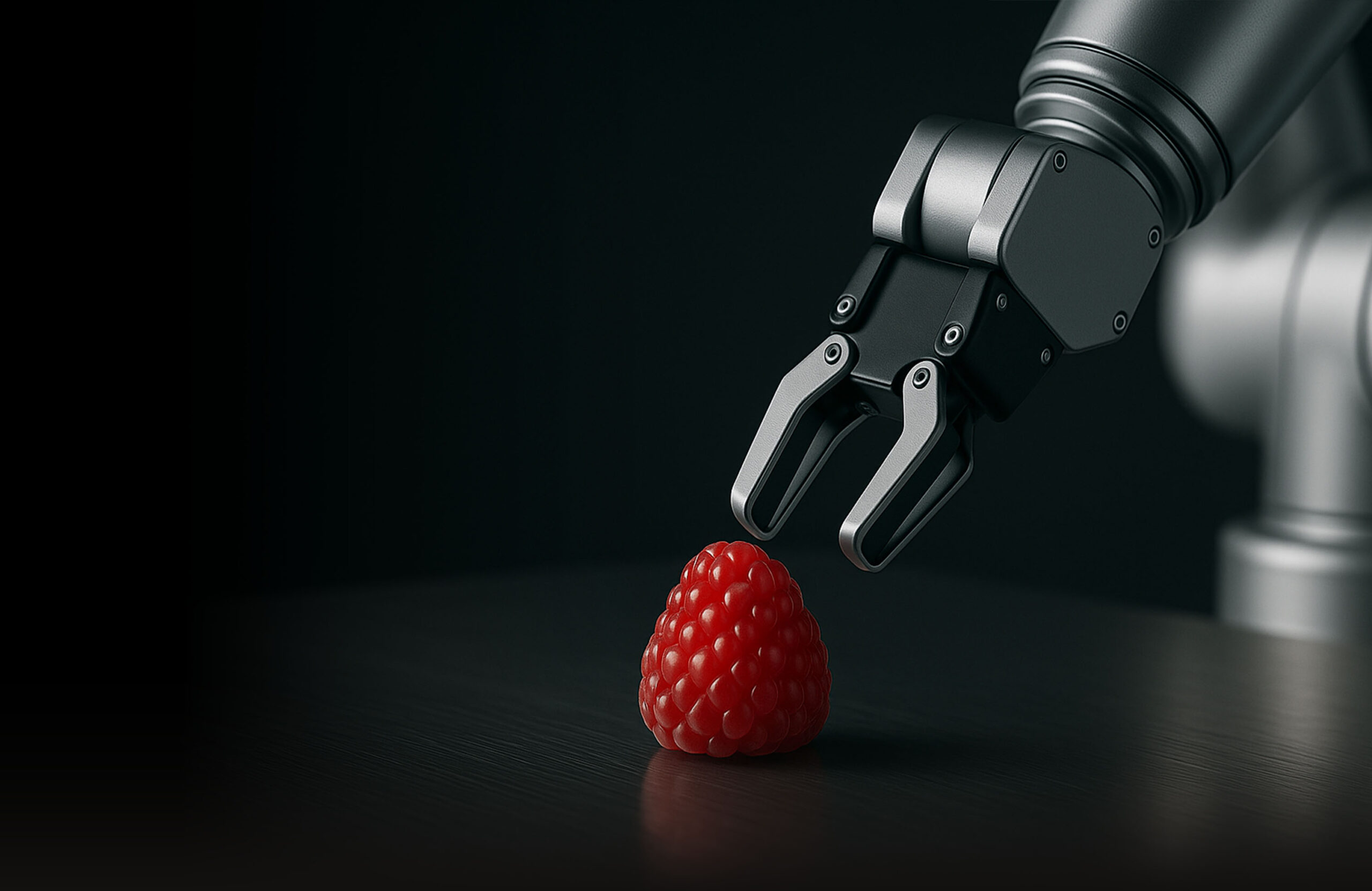 Bras robotisé approchant une framboise sur une surface hygiénique