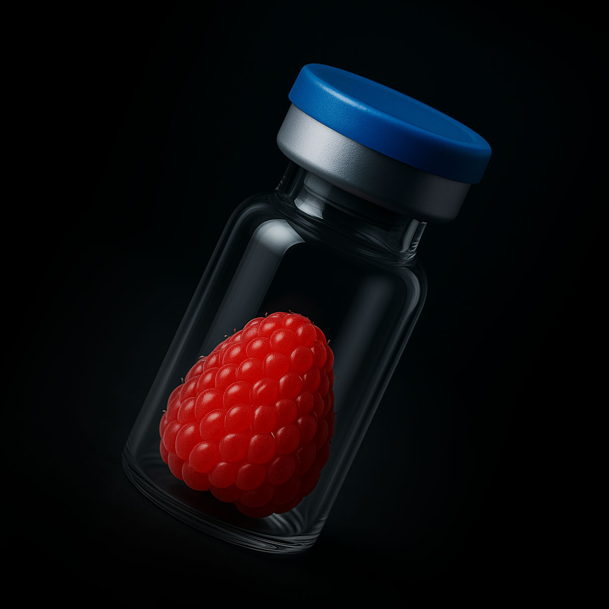 Un flacon pharmaceutique en verre transparent, scellé par un bouchon bleu et une capsule en aluminium, posé sur une surface métallique brossée. À l’intérieur, une framboise rouge symbolise la précision et la sensibilité des procédés biotechnologiques.
